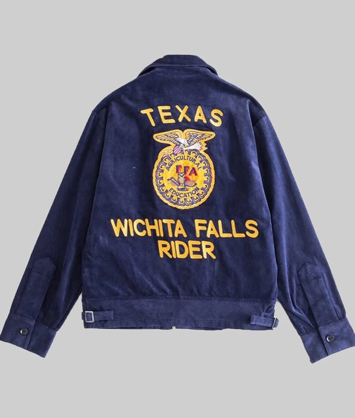 new farmers of america jacket with yellow text and logo on a gray background