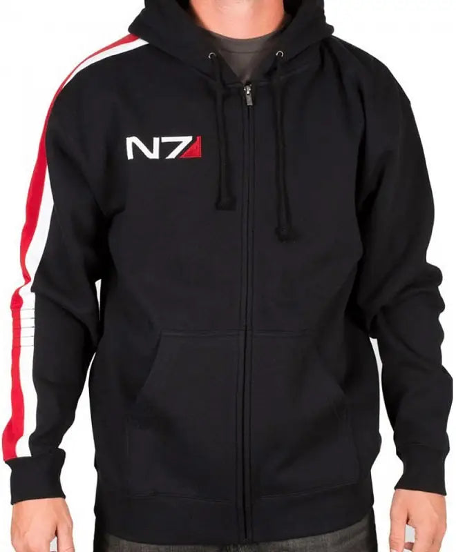 black zip-up hoodie, featuring N7 logo