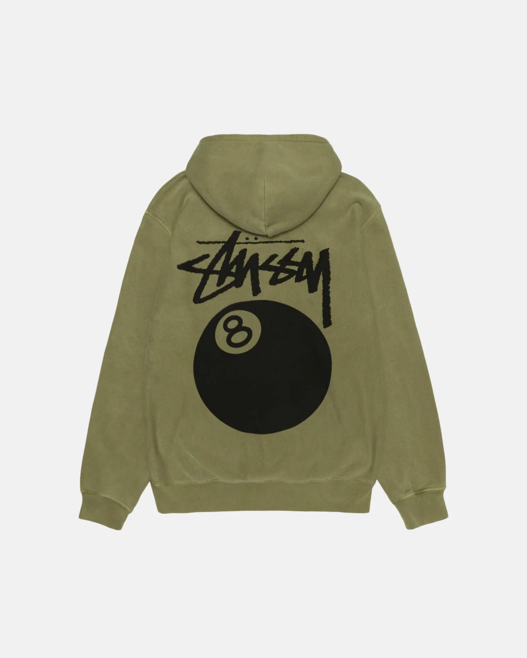 Back view of an oversized, 8-Ball olive green pigment-dyed hoodie