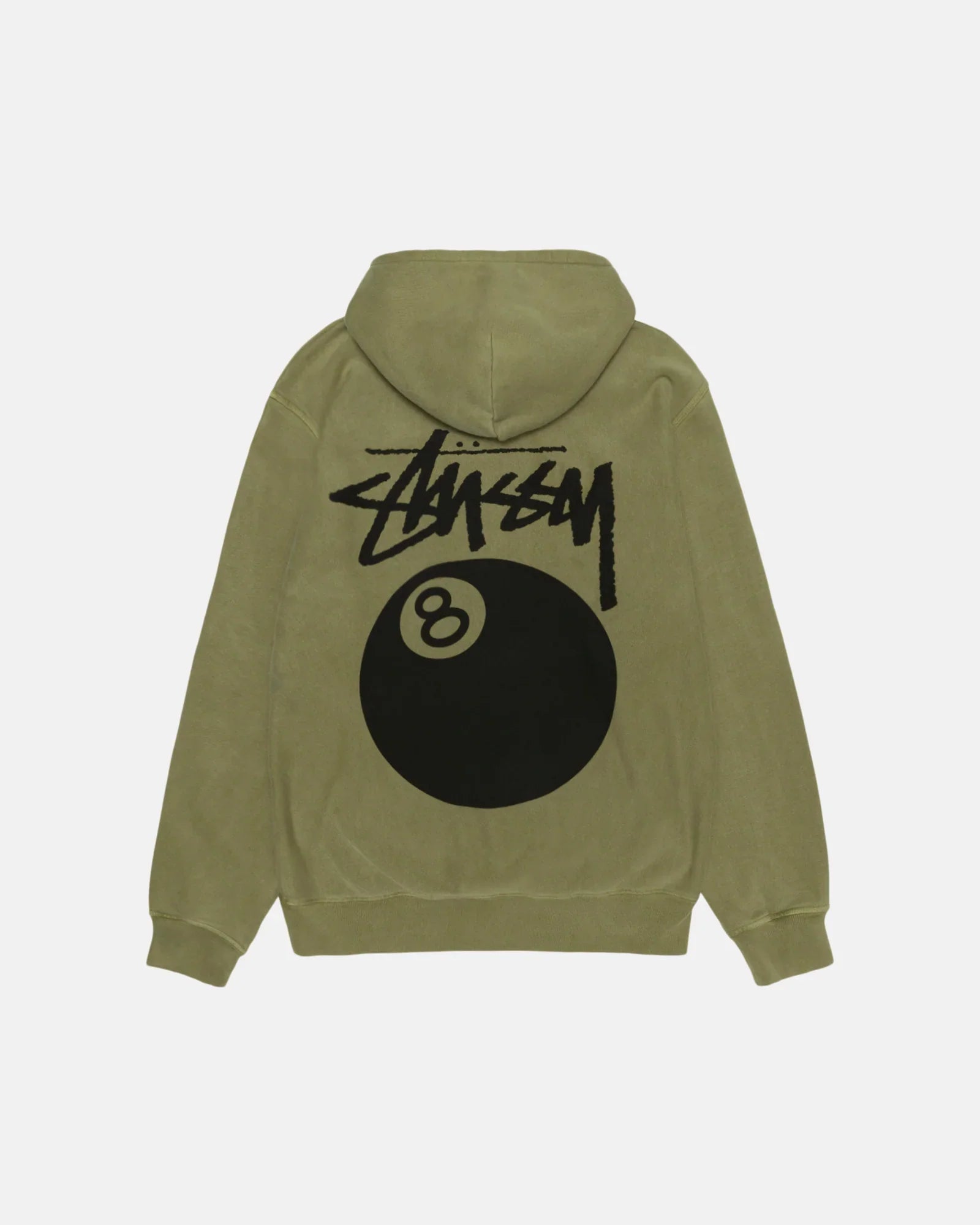 Back view of an oversized, 8-Ball olive green pigment-dyed hoodie