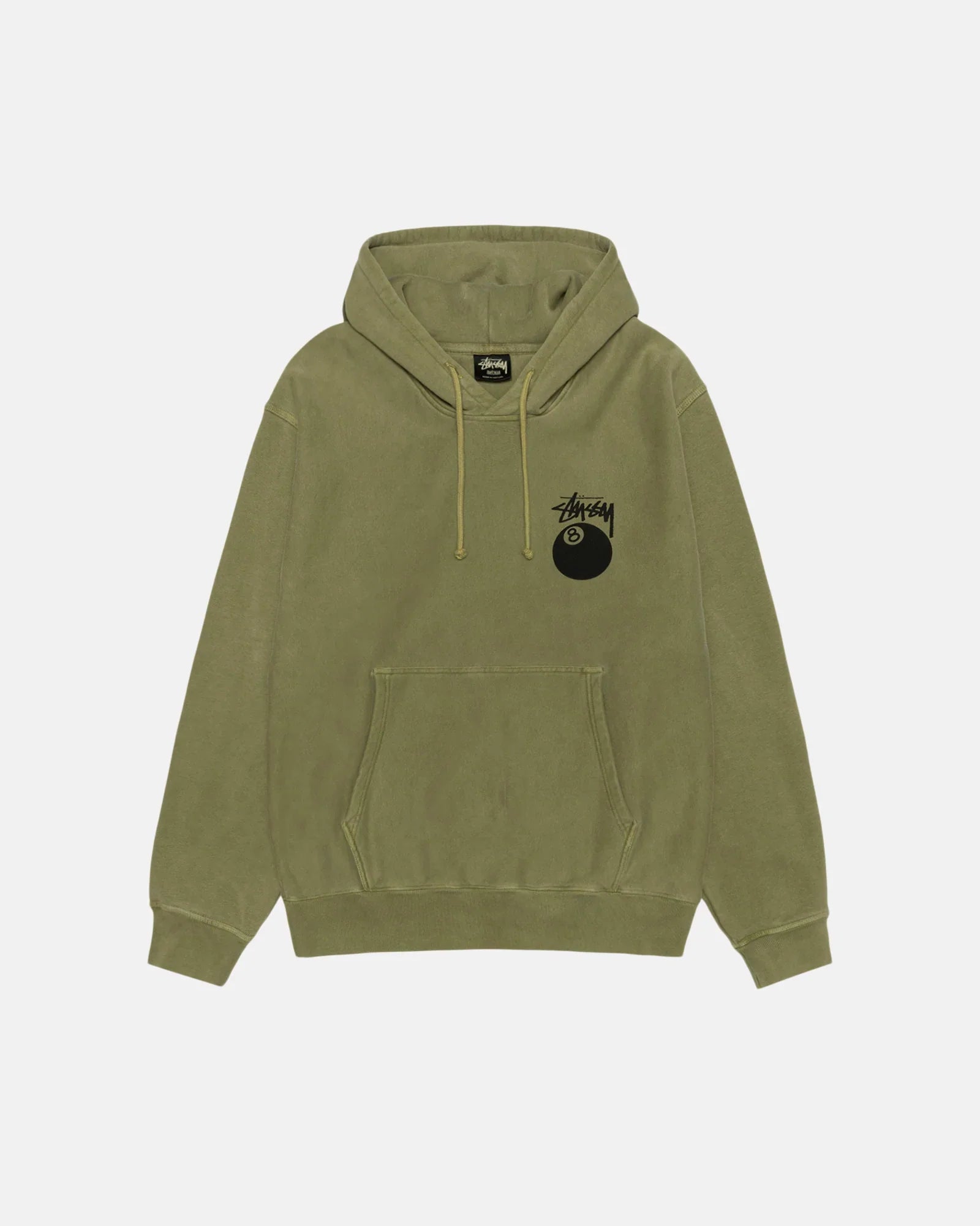 Front view of an oversized, olive green 8-ball  pigment-dyed hoodie