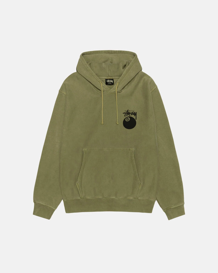 Front view of an oversized, olive green 8-ball  pigment-dyed hoodie