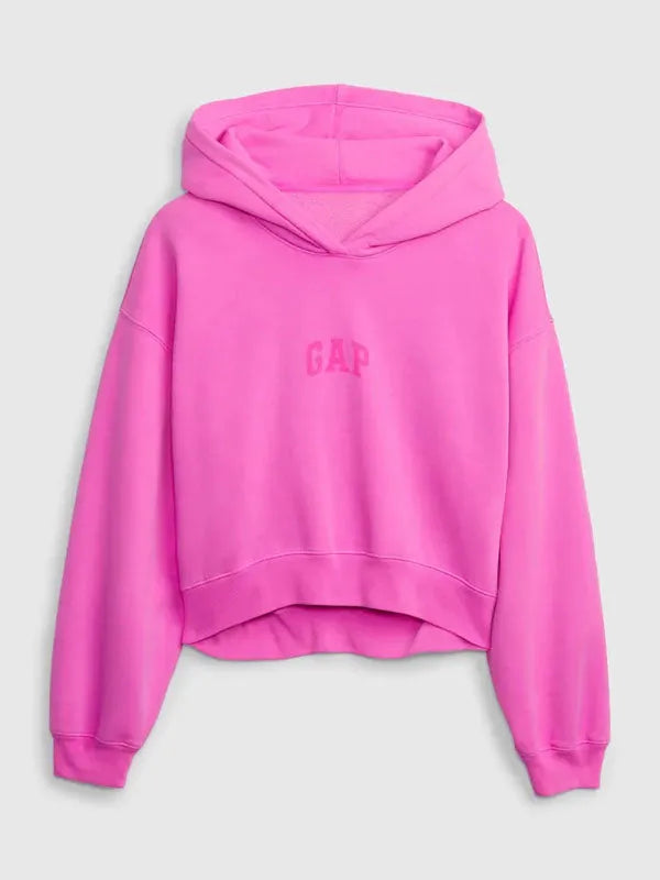 Front view of  pink hoodie, featuring GAP logo