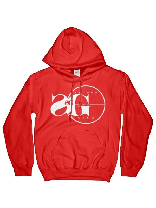 Front view of red hoodie, featuring white Sniper Gang 'SG' logo