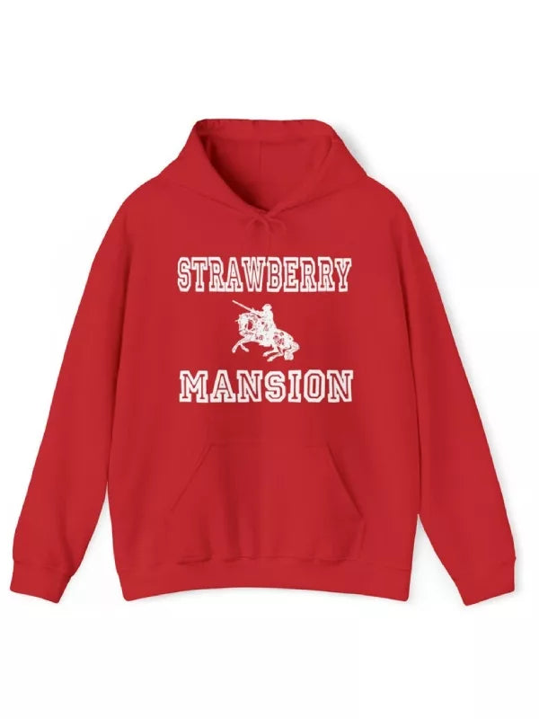 red strawberry mansion hoodie front view
