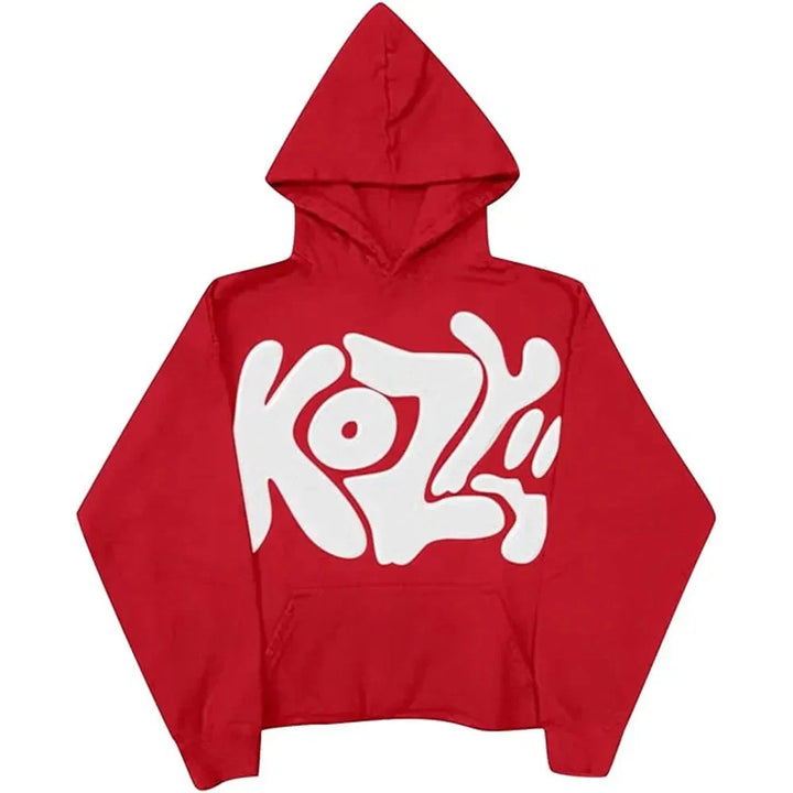 Front view of red pullover hoodie 'KOZY' text